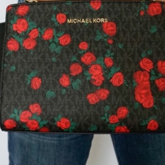 MICHAEL KORS MEDIUM SELMA 🌹 ROSE PRINT BLACK LOGO MESSENGER CROSSBODY BAG NWT - Picture 12 of 13